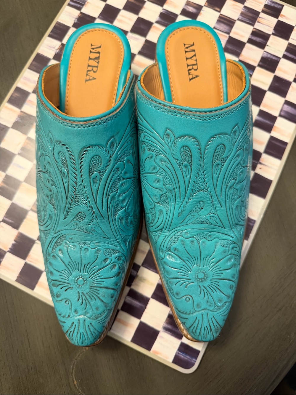 Myra Bag Turquoise Embossed Leather Slip-On Mules